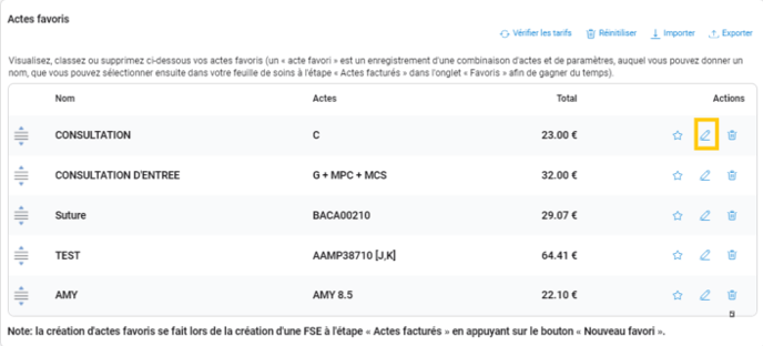 Liste des favoris